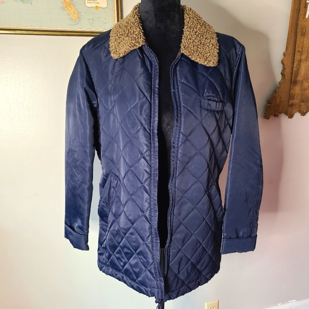 Vintage 90s Old Navy Blue Nylon Quilted Faux Fur Lined Collar Coat Jacket Small